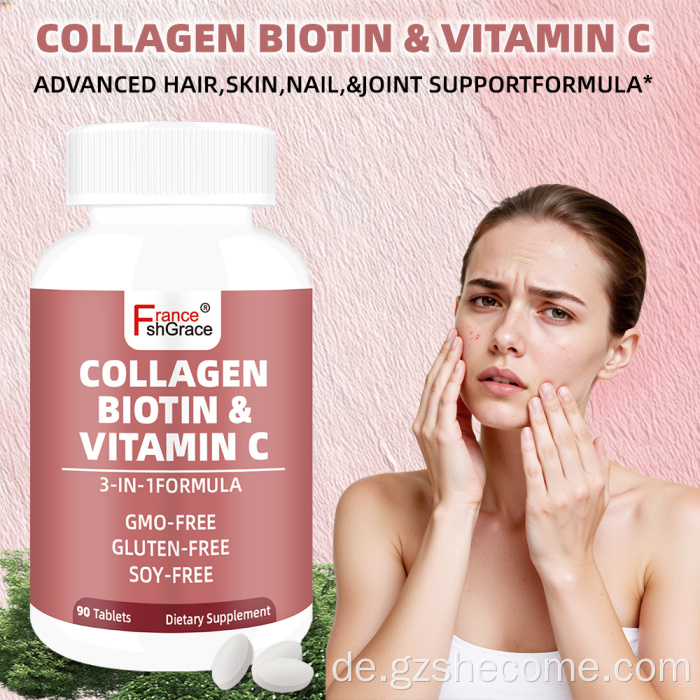 Kollagenpeptide, Biotin, Vitamin C, Tabletten, Hautgesundheit